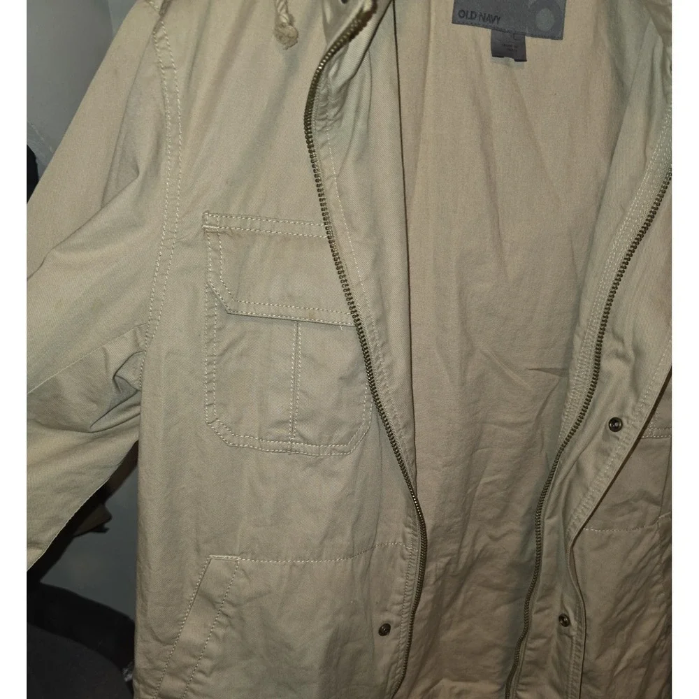 Old Navy Mens Jacket Large Tan Hooded Utility Cargo‎ Pockets Casual Cotton Blend